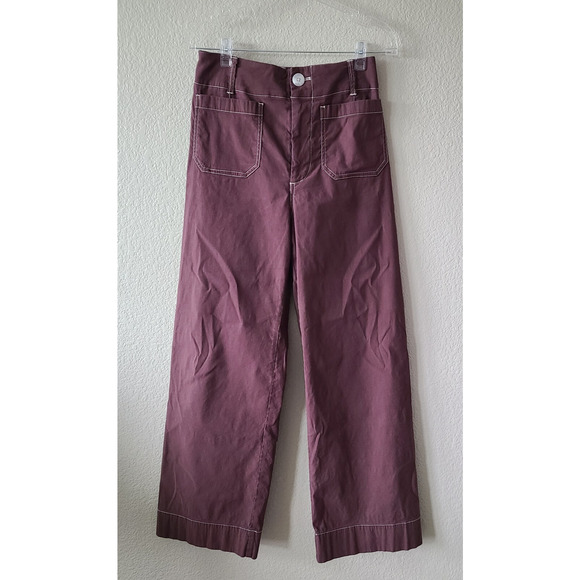 Maeve Collette Cropped Wide Leg Pants 26 TALL Linen Blend Brown White Stitch - Picture 2 of 13